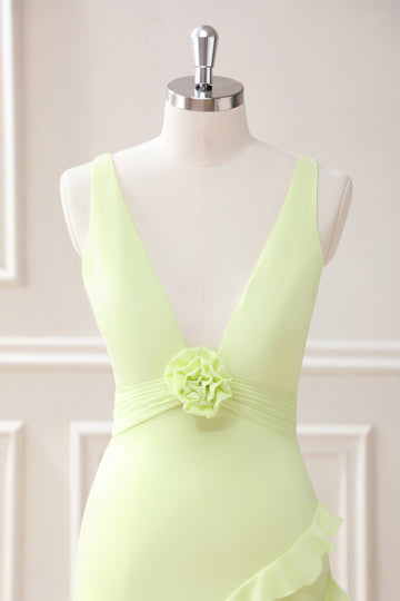Lemon Sheath Deep V Neck Ruffles Maxi Dress with Slit